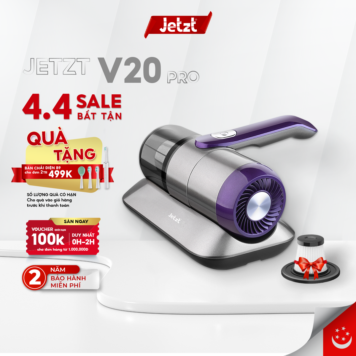 Máy hút bụi giường nệm diệt khuẩn UV Jetzt V20 Pro không dây cầm tay, hàng chính hãng