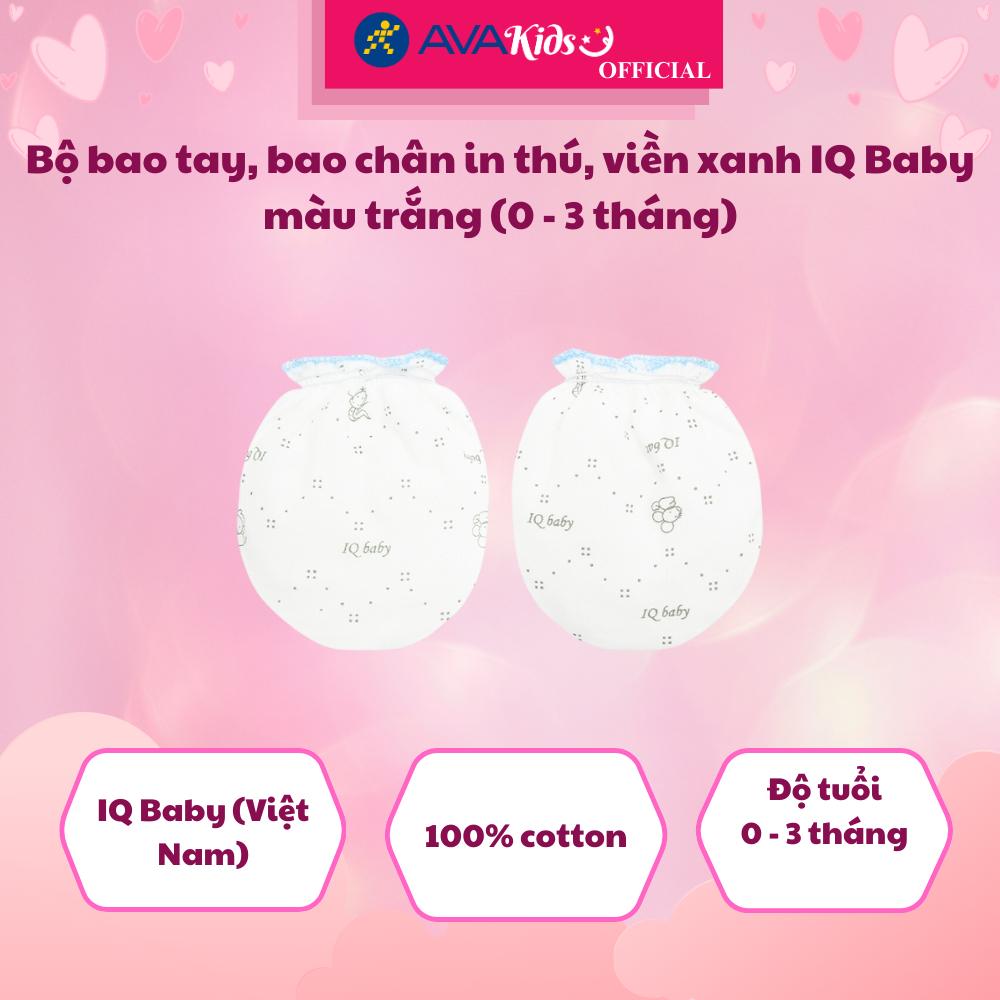 Bộ bao tay, bao chân in thú, viền xanh IQ Baby màu trắng (0 - 3 tháng) - Hàng Chính Hãng