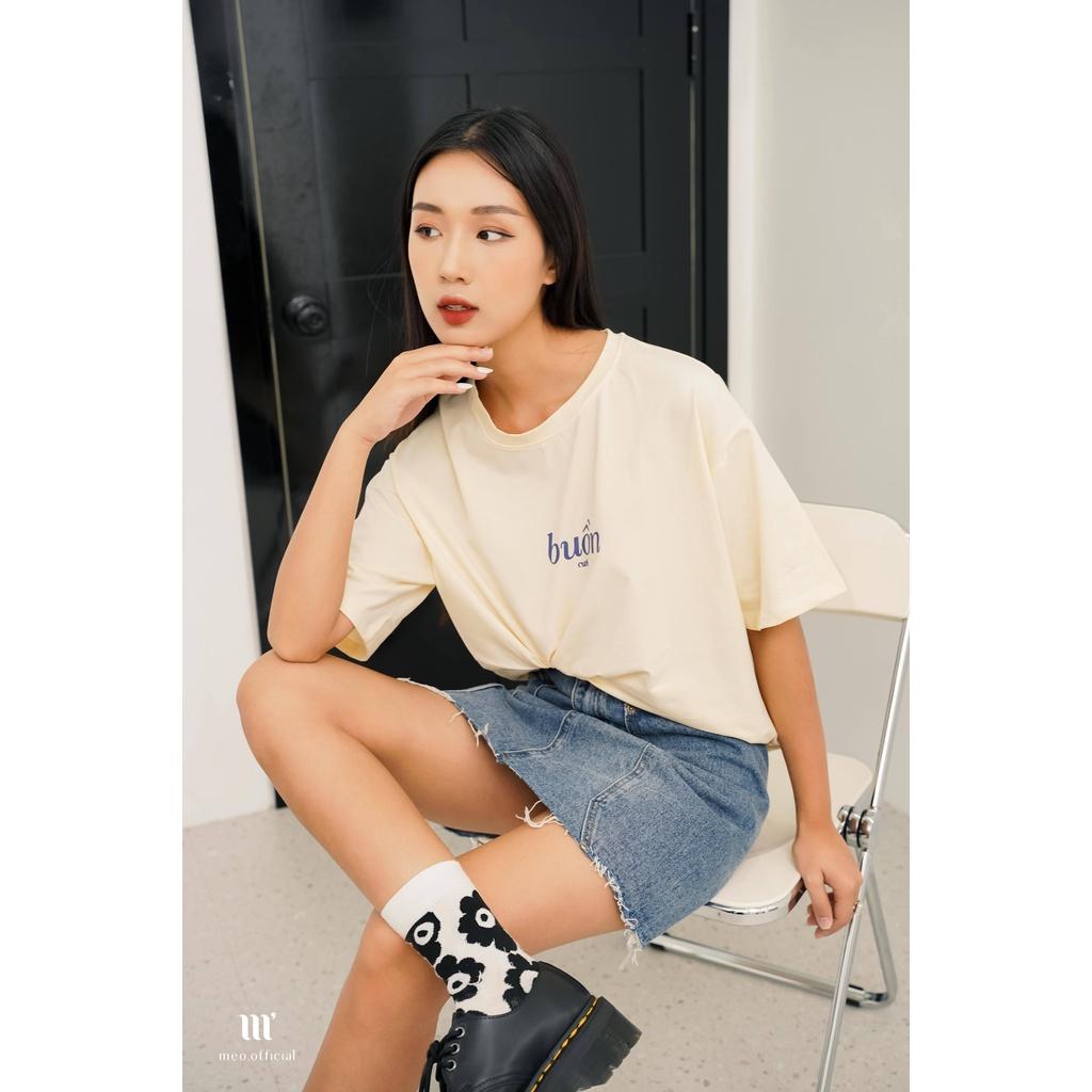 Áo thun tay lỡ Méo shop cổ tròn cotton in chữ Buồn Cười freesize form rộng