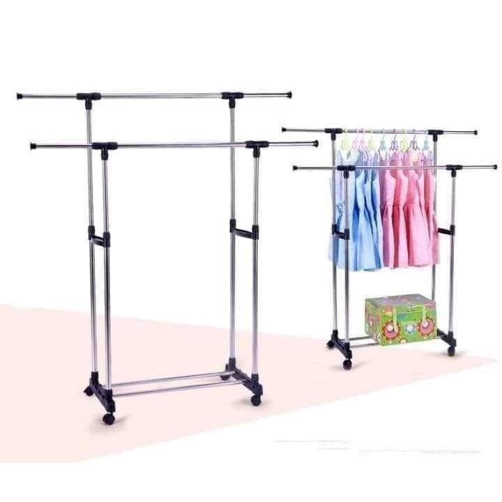 DÀN PHƠI QUẦN ÁO INOX 2 TẦNG CÓ BÁNH XE DI CHUYỂN THÔNG MINH