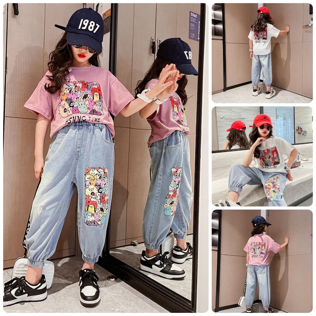 BV53 Size140-170 Đồ bộ bé gái, áo thun + quần jean Thời trang trẻ Em hàng quảng châui