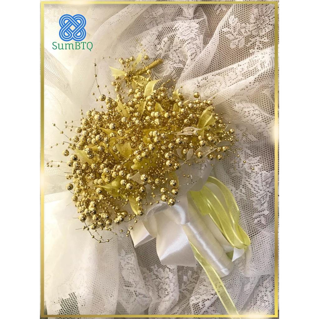 Hoa Cầm Tay Cô Dâu ️ Hoa Cườm Kết Ruy Băng Vàng