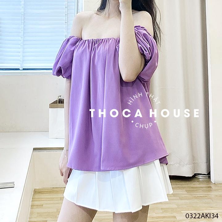 Áo kiểu nữ trễ vai tay phồng trơn trắng, tím, xanh cốm THOCA HOUSE gợi cảm, mặc đi chơi, đi du lịch