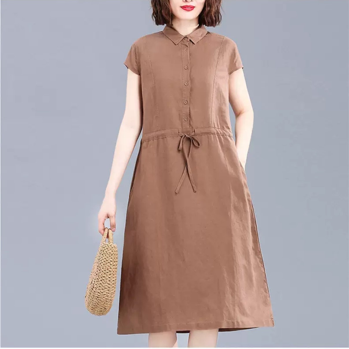Đầm Nữ Form Suông Linen Cổ Sơ Mi Basic Tay ngắn Thoáng Mát HB70