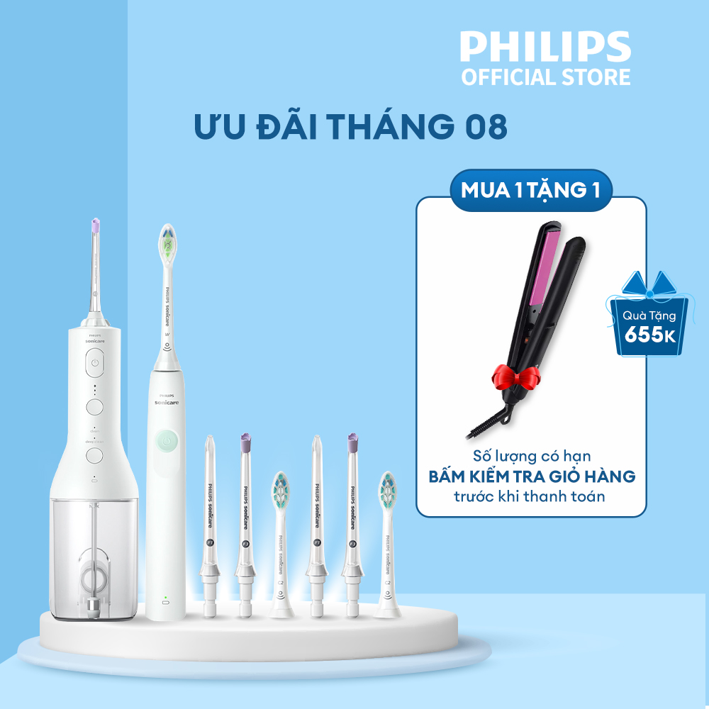 Bộ bàn chải điện Philips HX3641/41 + 2 đầu thay thê HX9022/28 + máy tăm nước HX3806 + 2 đầu thay thê HX3042 + 2 đầu thay thế HX3062