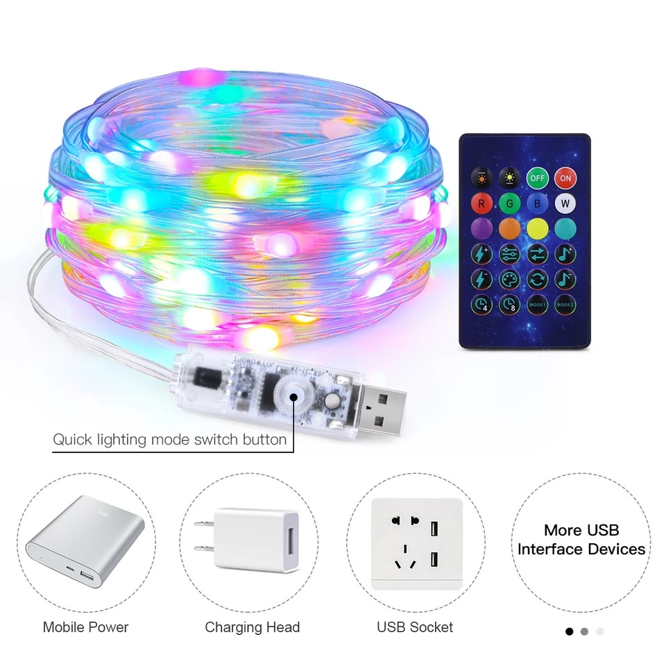Đèn Led Dây Fairy Light 16 Triệu Màu Rgb 5V Dài 10M Nháy Theo Nhạc Chống Nước Điều Khiển Từ Xa, App Điện Thoại
