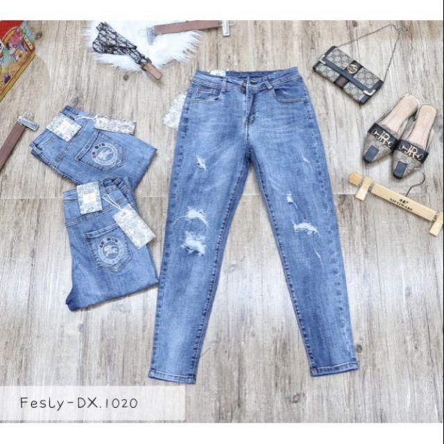 Quần Jean Nữ Baggy Xanh Thêu Túi Sau Túi Lưng Cao
