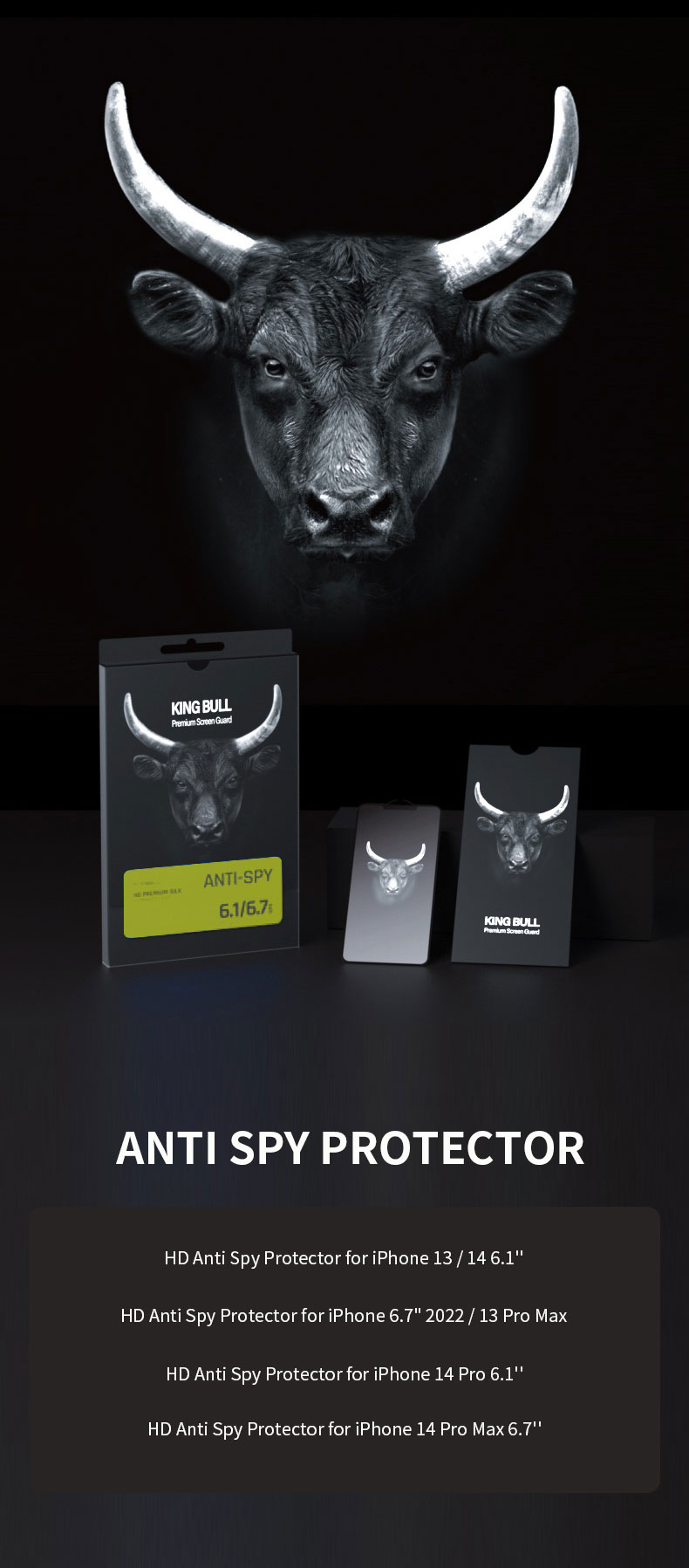 Miếng Dán Cường Lực MIPOW KINGBULL Chống Nhìn Trộm Dành Cho iPhone 14 ProMax / 14 Pro / 14 Plus / 14 - Hàng Chính Hãng