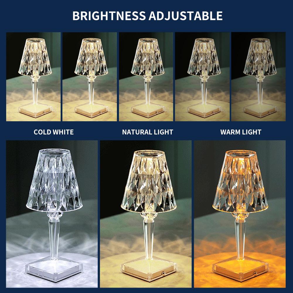 Đèn bàn acrylic kim cương 3 màu chiếu sáng có thể sạc USB điều khiển cảm ứng