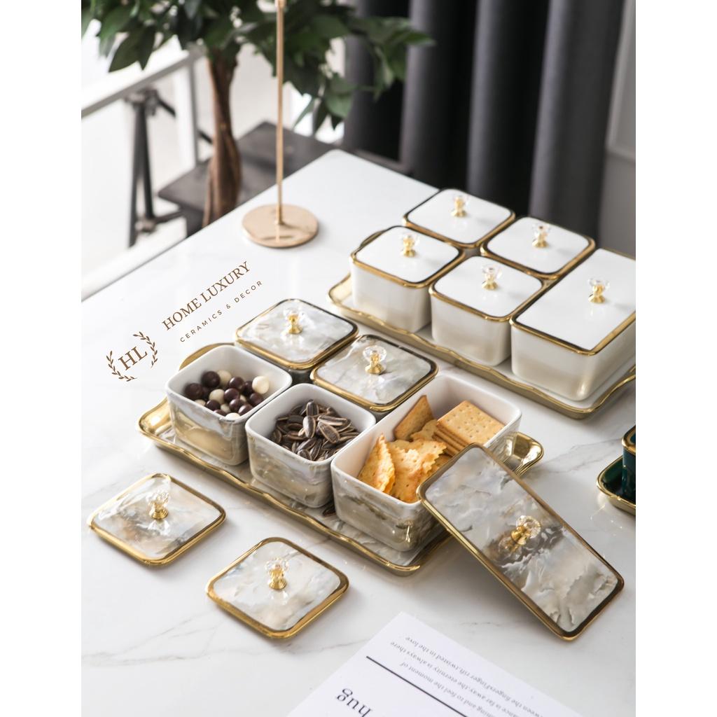 Bộ Mứt Sứ Chữ Nhật Decor Siêu Xinh | Khay đựng bánh kẹo mứt tết 5 ngăn sứ có nắp Cao Cấp Hàn Quốc