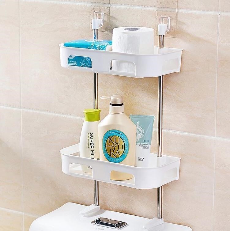 Kệ Nhựa 2 Tầng Đựng Đồ Đa Năng Nhà Vệ Sinh, Nhà Tắm Kèm Miếng Dán Tường Không Cần Khoan - TẶNG MÓC CHỊU LỰc 3D