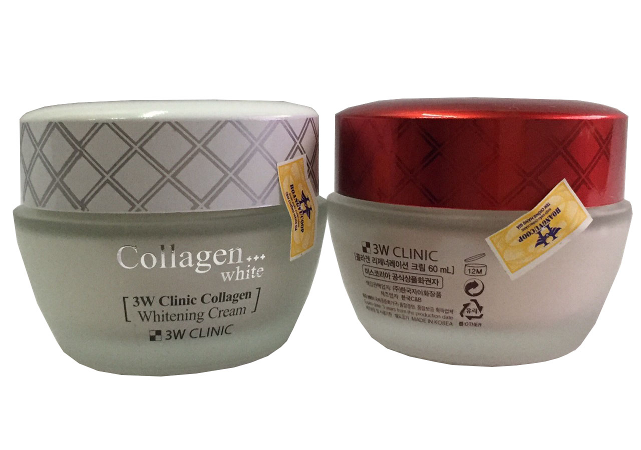 Combo Kem Dưỡng Trắng Collagen Regeneration Cream 60ml (Đỏ) và Kem Dưỡng Trắng Collagen Whitening Cream 60ml (trắng) 3W Clinic nhập khẩu Hàn Quốc.