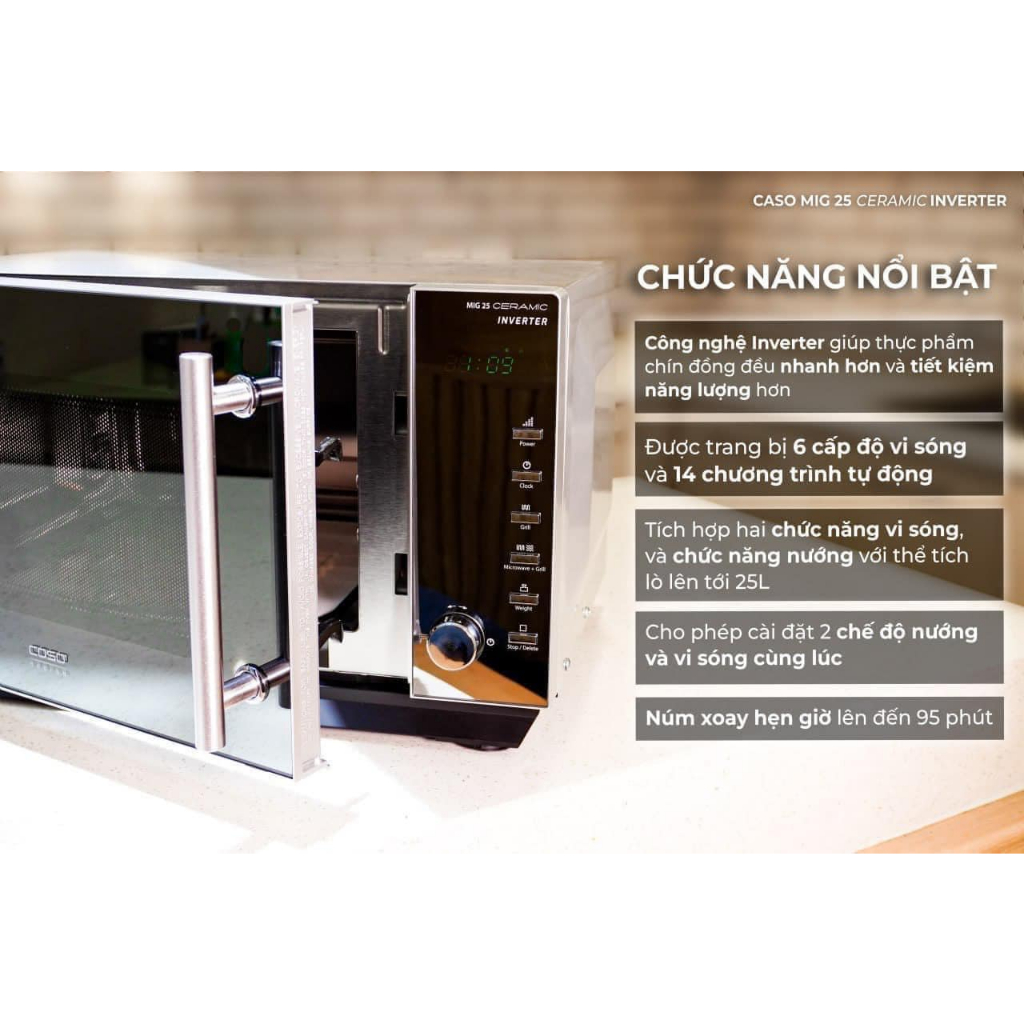 Lò Vi Sóng Kèm Nướng 2In1 Caso MIG 25 Ceramic, Electronic Microwave, Dung Tích 25L, Công Suất 1000W, Chất Liệu Thép Không Gỉ, Bảng Điều Khiển Điện Tử, Nhập Đức, Bảo Hành 12 Tháng