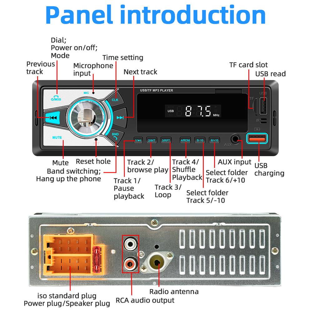 Car MP3 Player BT Stereo Receiver FM Radio Hands-Free Calling U-Disk/TF Card/Aux-in Player Support APP to Find Car/Voice Assistant/Audio Recording with Remote Controller Colorful Light
