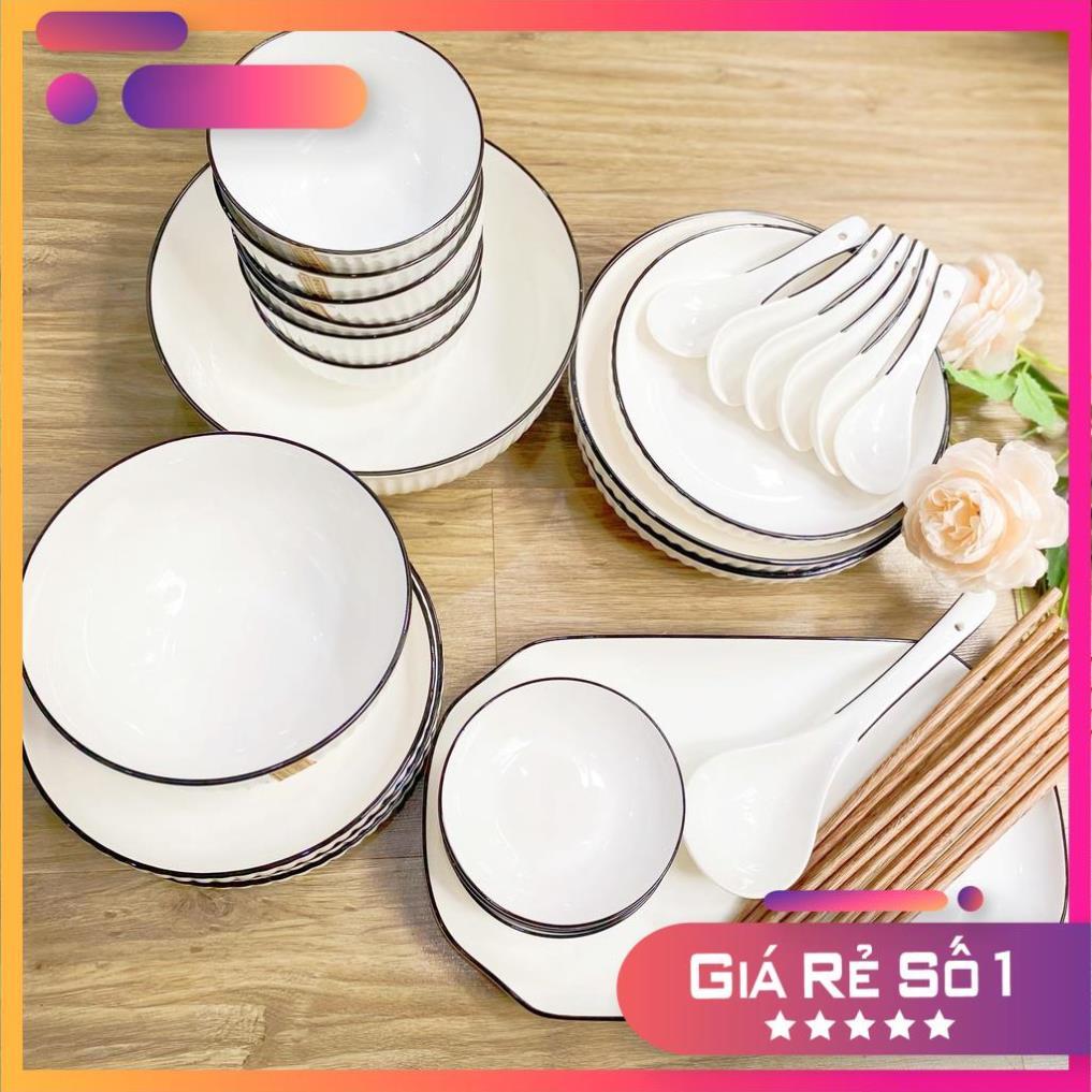 Bộ bát đĩa đẹp sang trọng màu trắng viền phong cách Phương Đông hiện đại BT-34 chi tiết