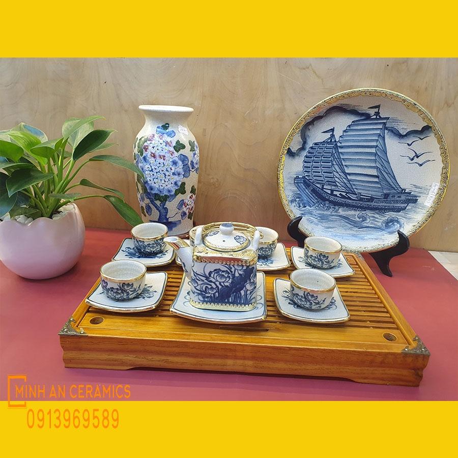 Bộ ấm chén Bát Tràng giả cổ vuông bọc đồng gốm Minh An Bát Tràng vẽ hoa sen