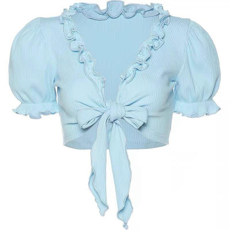 Áo thun gân viền bèo cột nơ ngực siêu xinh hot hit cho bạn gái, tôn dáng, siêu xinh đủ màu, mẫu mới sexy