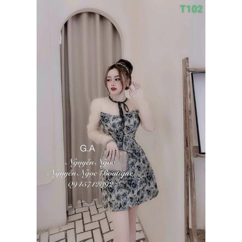 Đầm hoạ tiết hoa phối lưới có nơ cổ phong cách tiểu thư sang chảnh kèm hình thật