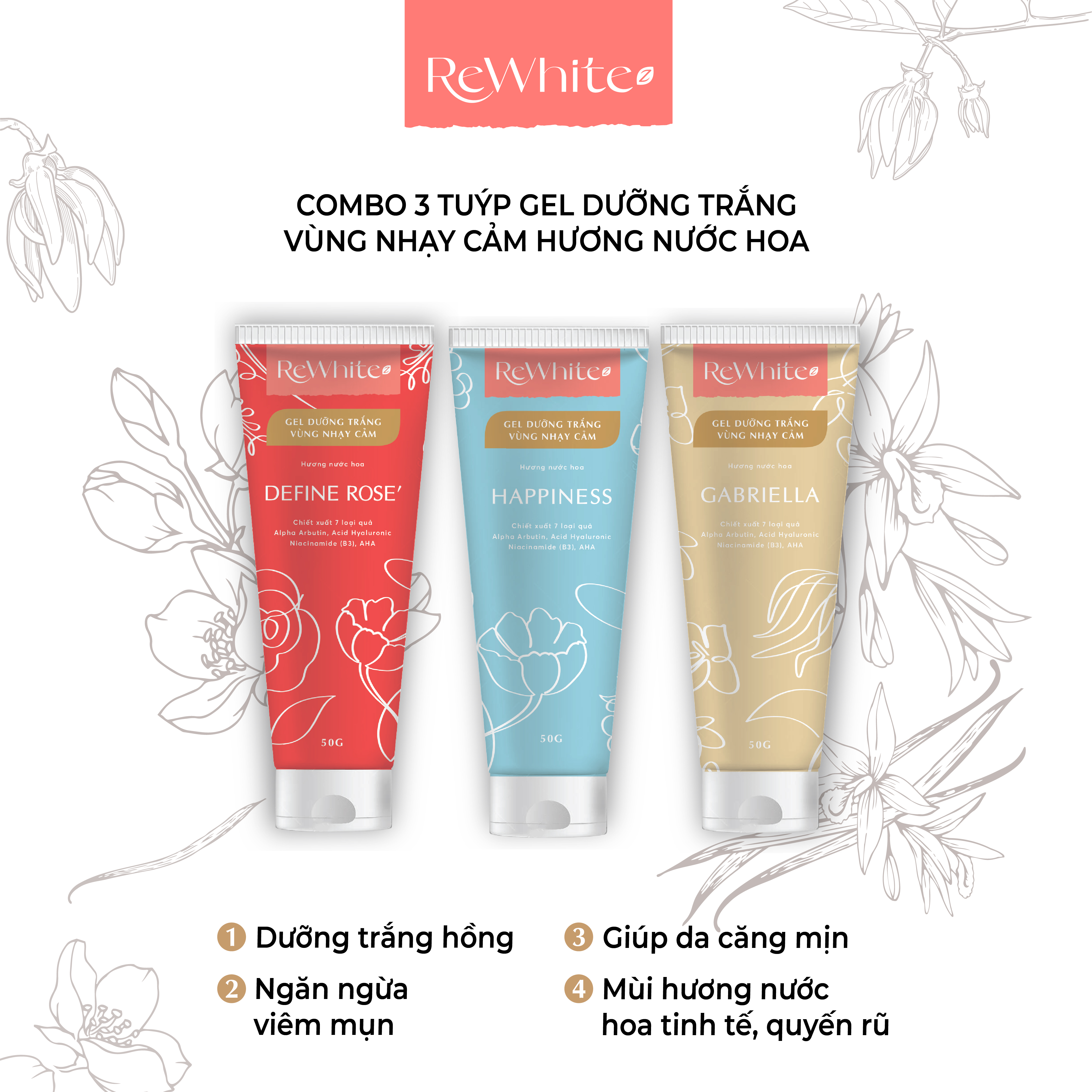 Combo Gel Tẩy Tế Bào Chết Và Dưỡng Trắng Vùng Nách, Mông, Bikini Rewhitez Hương Nước Hoa Quyến Rũ Define Rose 50g