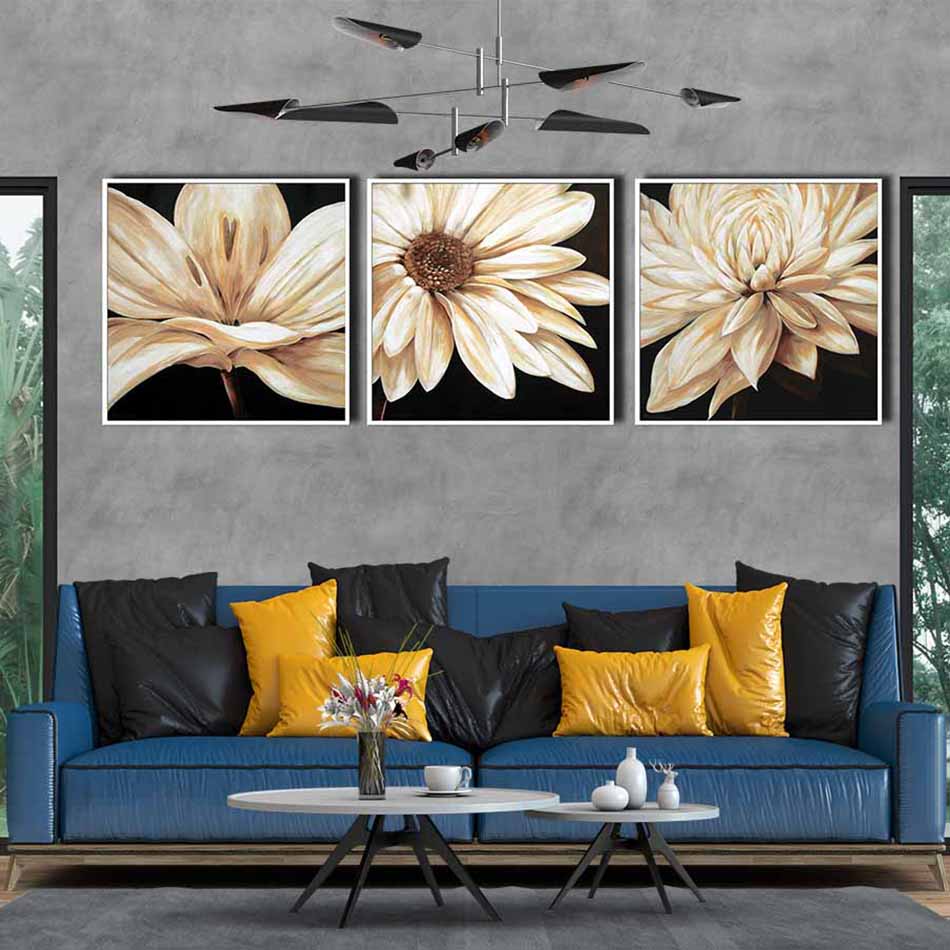 Bộ 3 tranh canvas treo tường decor hoa trắng - DC009