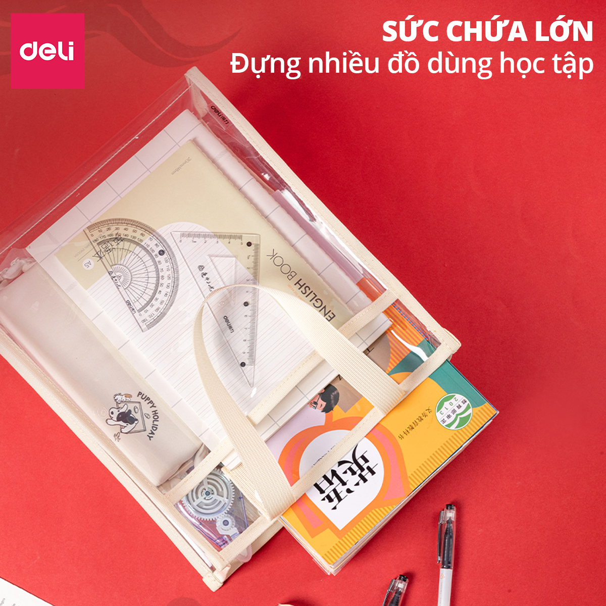 Túi Tote Túi Học Thêm Deli Trong Suốt Dễ Thương Sức Chứa Lớn Chống Nước, Chống Bụi Đựng Tài Liệu Sách Vở Học Sinh