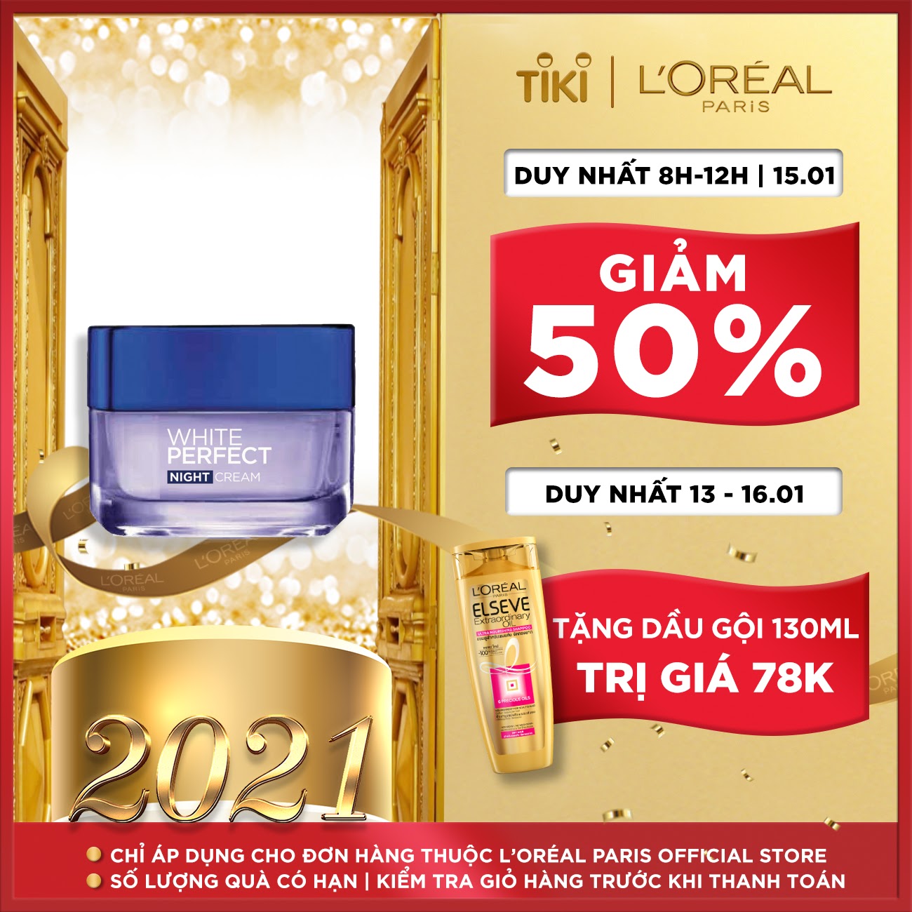 Kem dưỡng trắng da vitamin L'Oreal Paris Aura Perfect ban đêm 50ml
