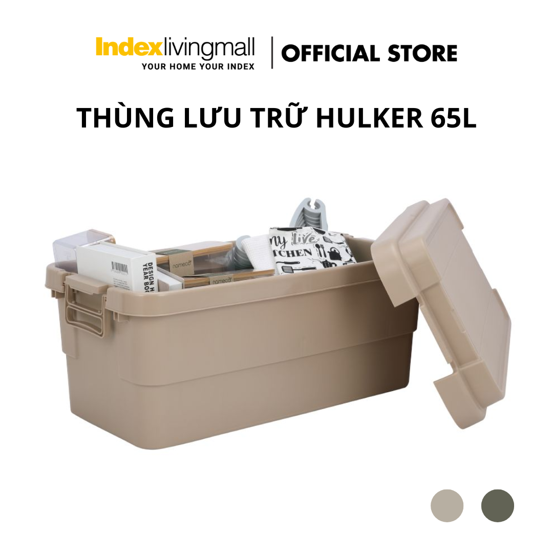 Thùng lưu trữ, hộp đựng đồ đa năng bằng nhựa PP cao cấp 65L HULKER NEW màu KAKI | Index Living Mall