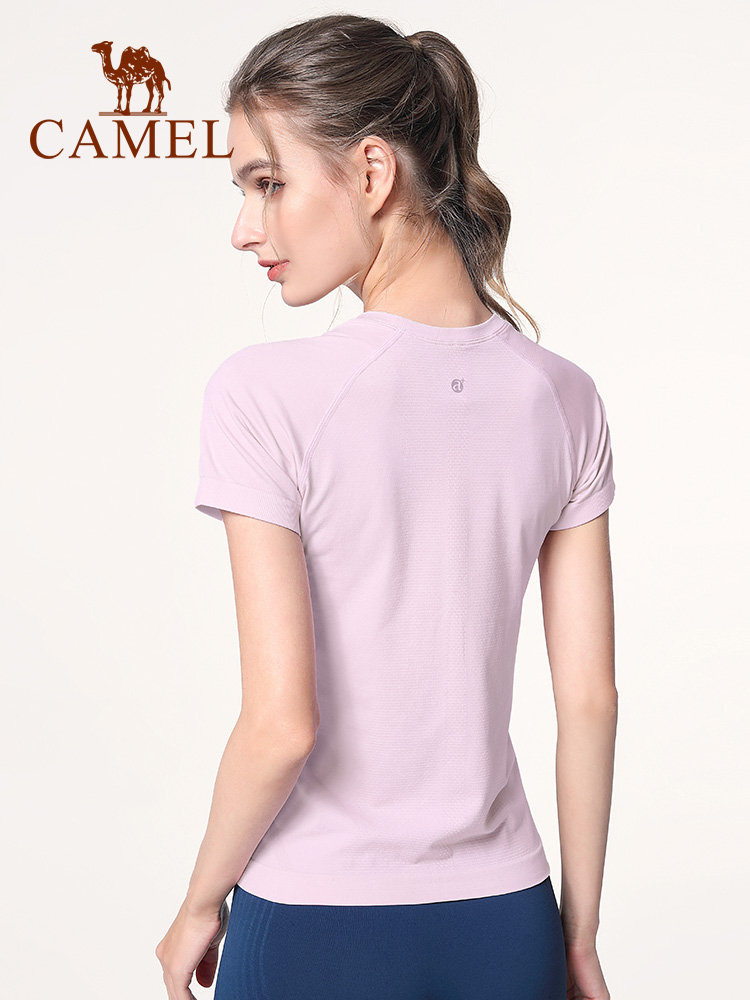 Quần áo yoga CAMEL Nữ tay ngắn mùa hè mỏng thoáng khí tập thể dục Mặc hàng đầu liền mạch Áo thun thể thao mỏng phù hợp nửa tay
