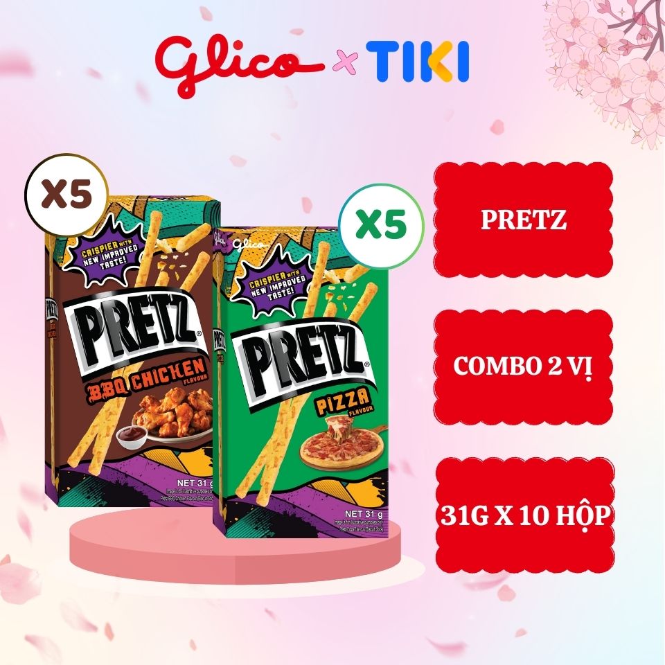 Bánh qua nướng giòn mix 2 vị gà nướng và pizza GLICO Pretz (Combo Happy Set B 10 hộp - 5 BBQ 5 pizza)