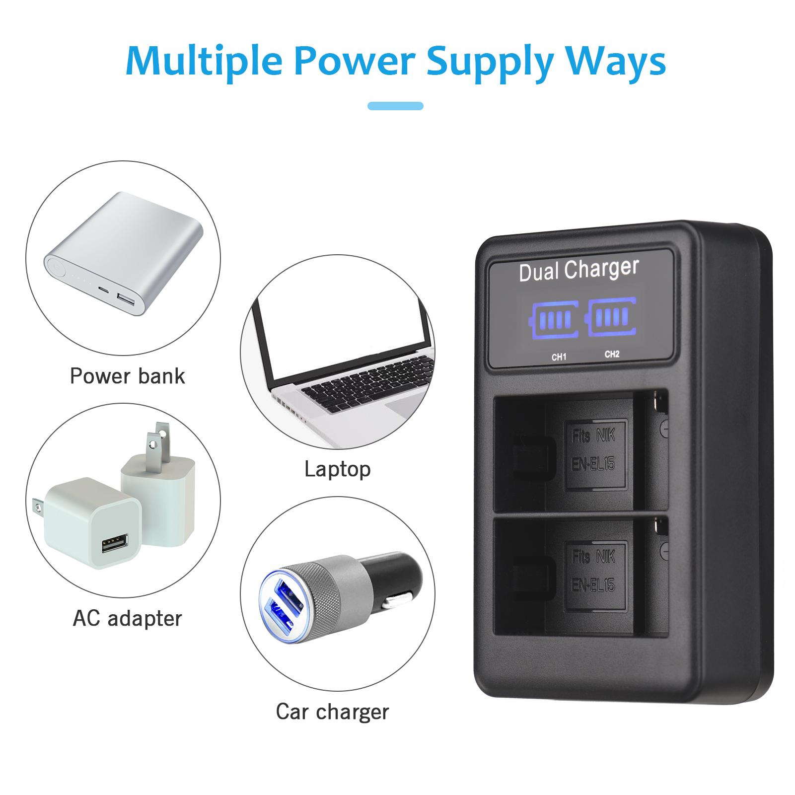 EN-EL15 Battery & Charger Kit 2pcs 7.4V 2550mAh Battery + 1pc Dual Channel Battery Charger LED Screen Display for Nikon