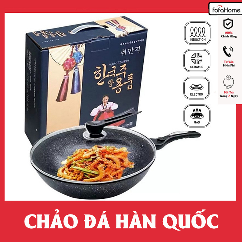 Chảo Chống Dính Siêu Bền Sâu Lòng Đá Hàn Quốc Có Nắp Kính Size 32cm/30cm (Tặng Thìa Gỗ ) Dùng Cho Mọi Loại Bếp