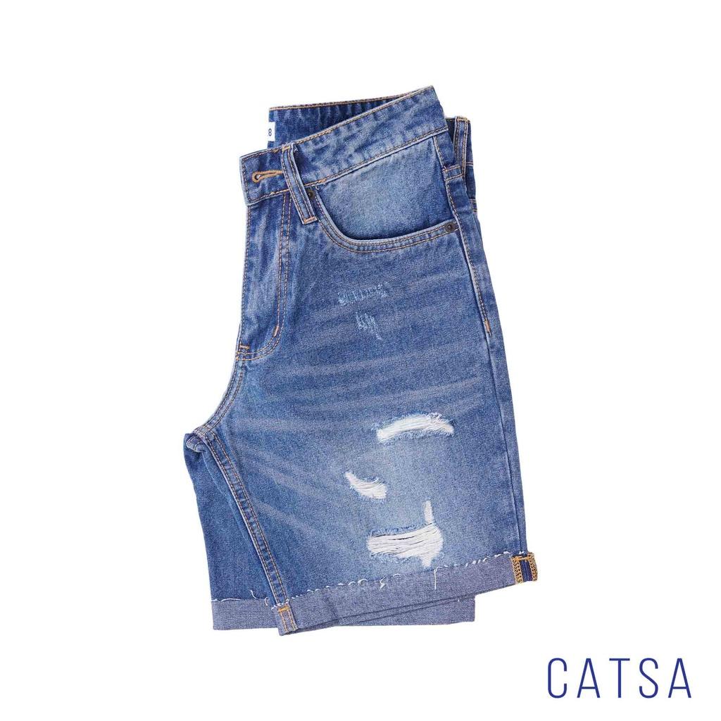 Quần lửng jeans xanh đậm CATSA chất liệu jeans cotton mặc thoải mái, co giãn nhẹ, thoải mái vận động QSM036