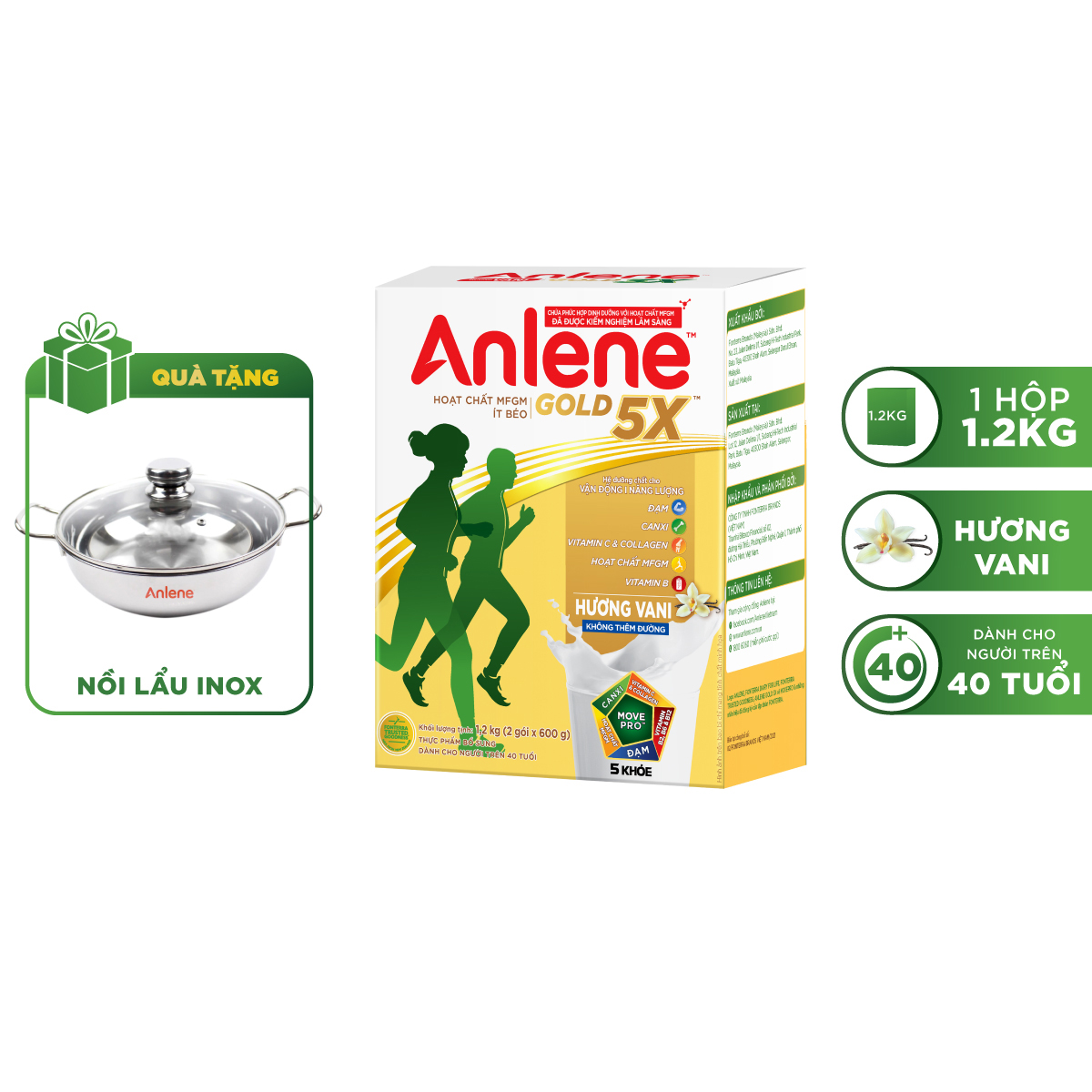Sữa Bột Anlene Gold 5X Hương Vanilla (Hộp giấy 1200g) tặng nồi lẩu inox cao cấp