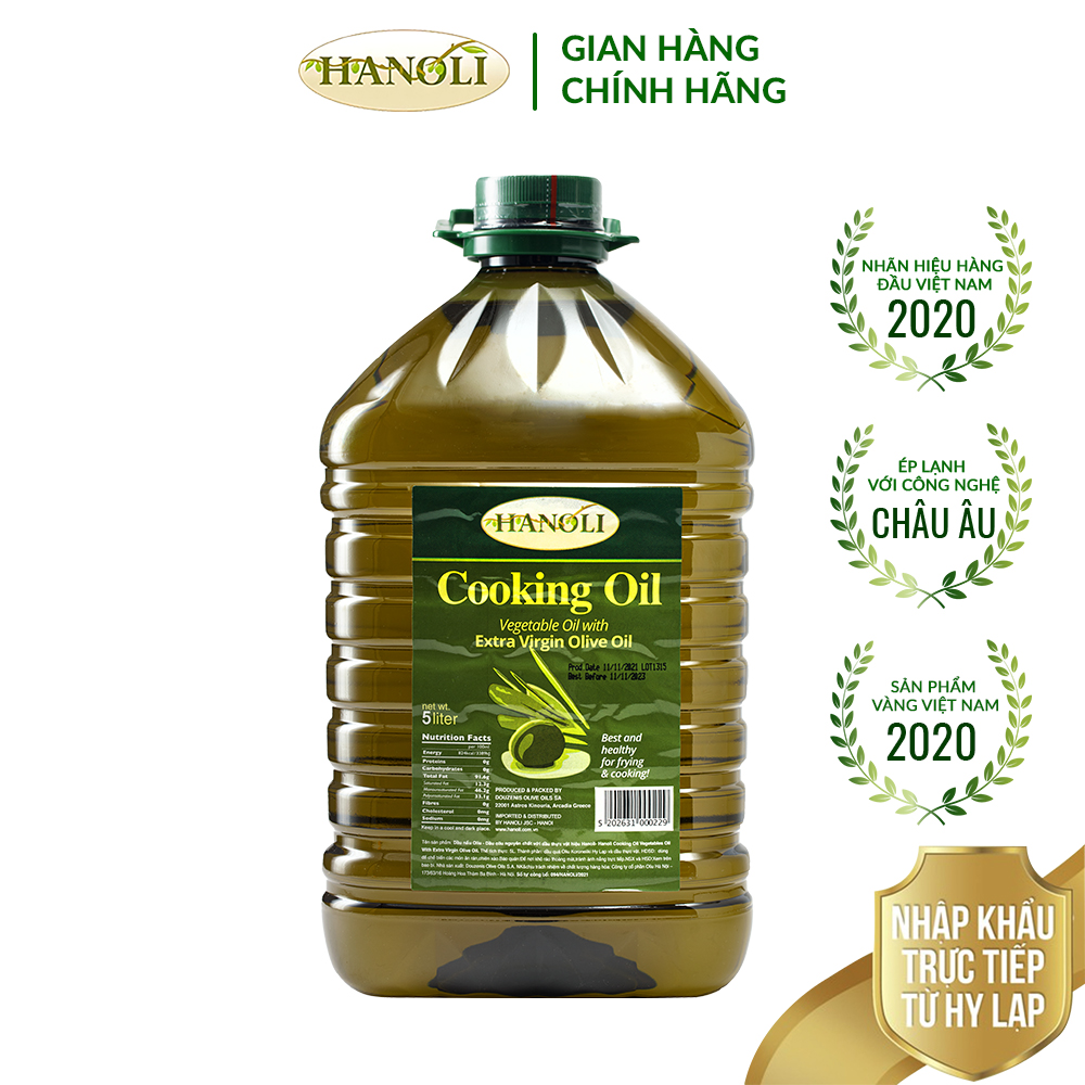 Dầu ăn oliu HANOLI chai 5L chứa 75% dầu oliu siêu nguyên chất - Nhập khẩu nguyên chai Hy Lạp