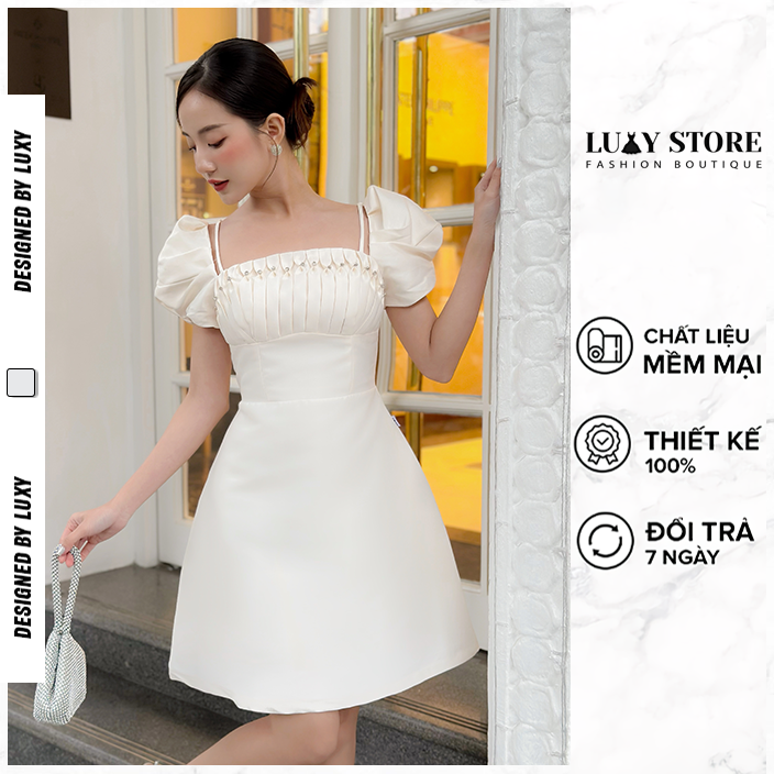 Váy Xếp Ly Ngực Luxy V30389, Thiết Kế Cổ Yếm, Tay Bồng, Phong Cách Thanh Lịch