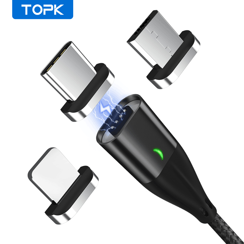 Cáp sạc nhanh nam châm TOPK AM61 3 trong 1 đầu cắm micro USB type-C 8 pin sạc nhanh dùng cho điện thoại Huawei Mate 20 Pro Xiaomi 9 pocophone F1 samusng S9 Plus iPhone x XS - INTL - Hàng chính hãng