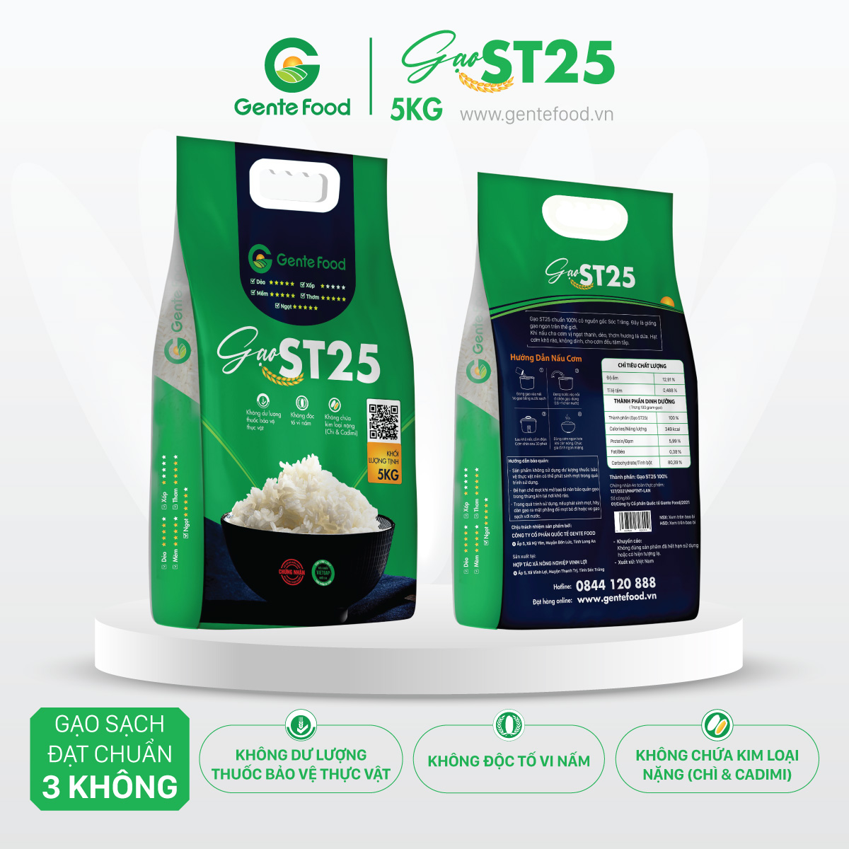 Hình ảnh Gạo ST25 đặc sản gạo ngon chính hiệu Gente Food túi 5kg, Cơm Thơm, Dai, Mềm Dẻo, Vị Ngọt.