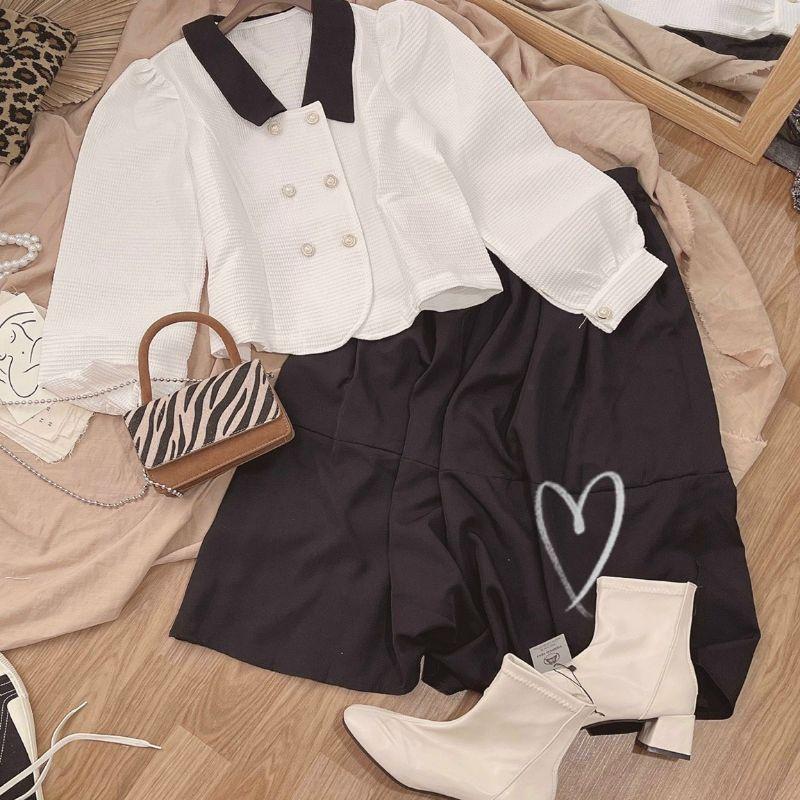 SET ÁO GẤM CỔ PHỐI chân váy MIDI