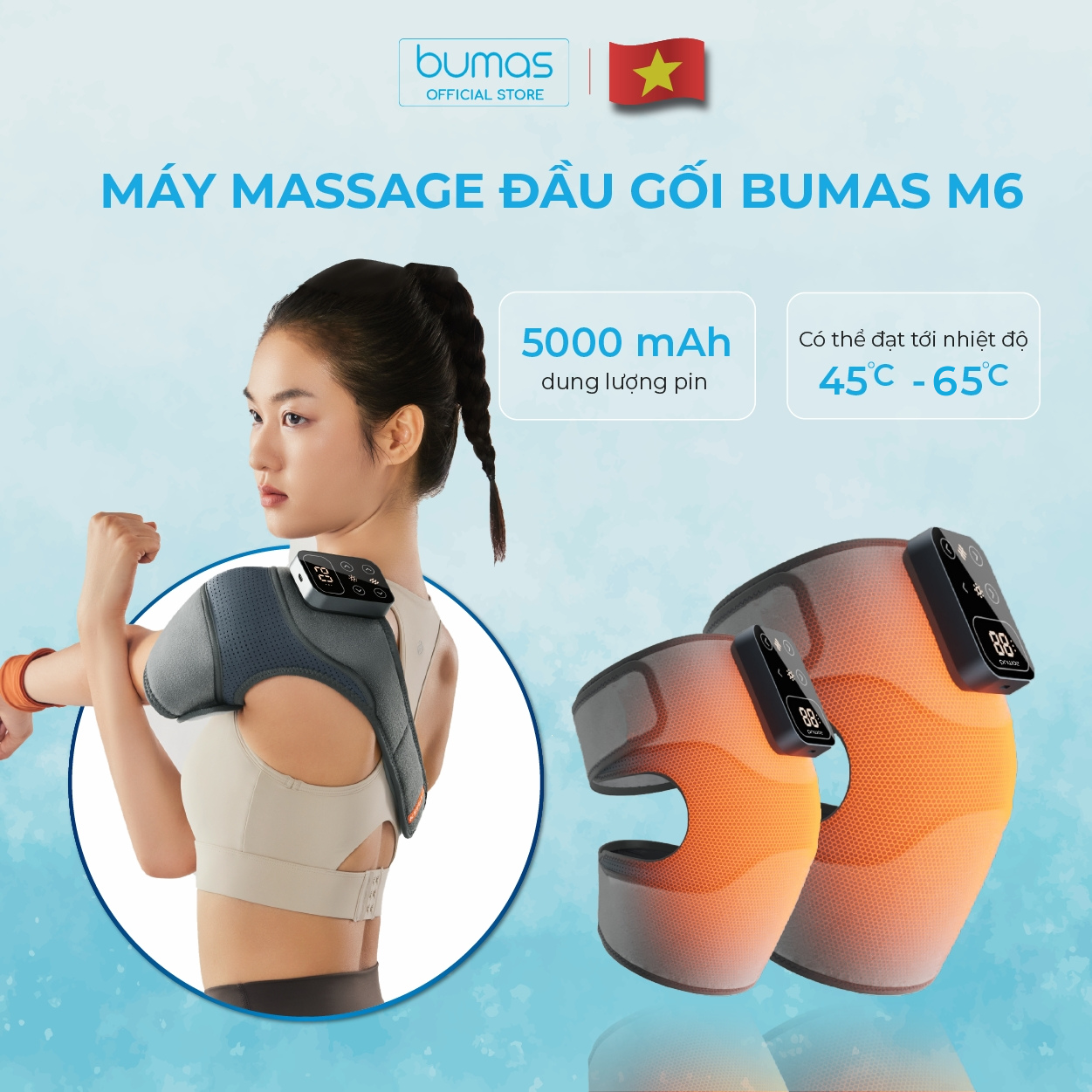 Máy Massage Đầu Gối BUMAS M6 – Chườm Nóng Hồng Ngoại 5 Cấp Độ - Massage Rung Vi Mô Tần Số Kép Đầu Gối, Vai, Khuỷu Tay - Hàng Chính Hãng