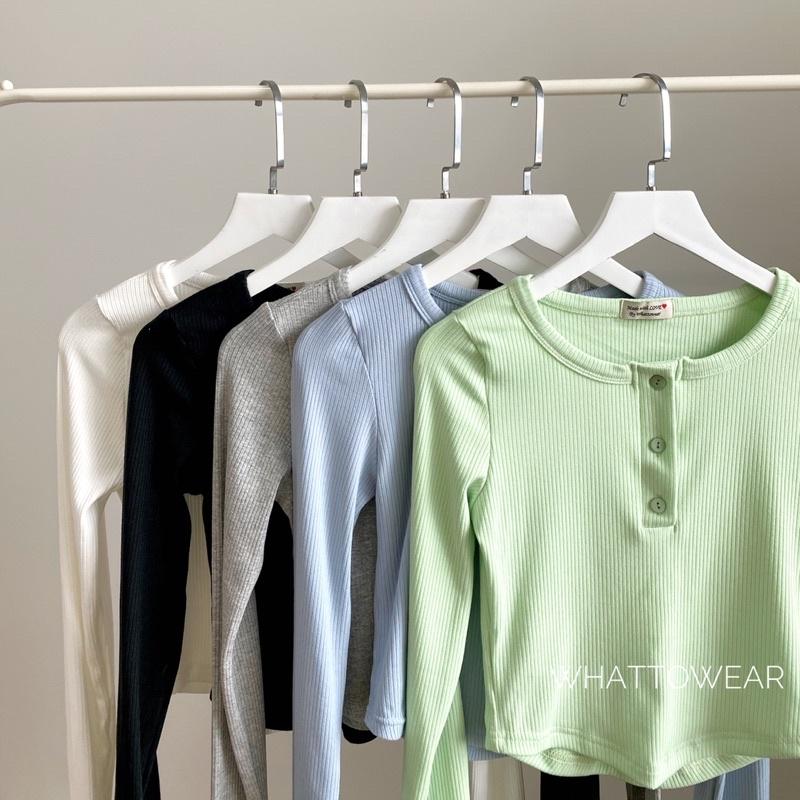 Áo croptop tay dài xỏ ngón thun gân 4 chiều dày mịn cài nút vạt bầu