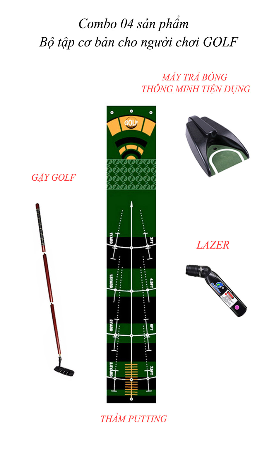 New 2022 - Bộ sản phẩm đầy đủ cho người chơi GOLF - Combo 04 sản phẩm - Thảm tập Putt 2 chiều + máy trả bóng + Putter lazer + Gậy GOLF nhỏ gọn tiện lợi có thể đem theo mọi nơi