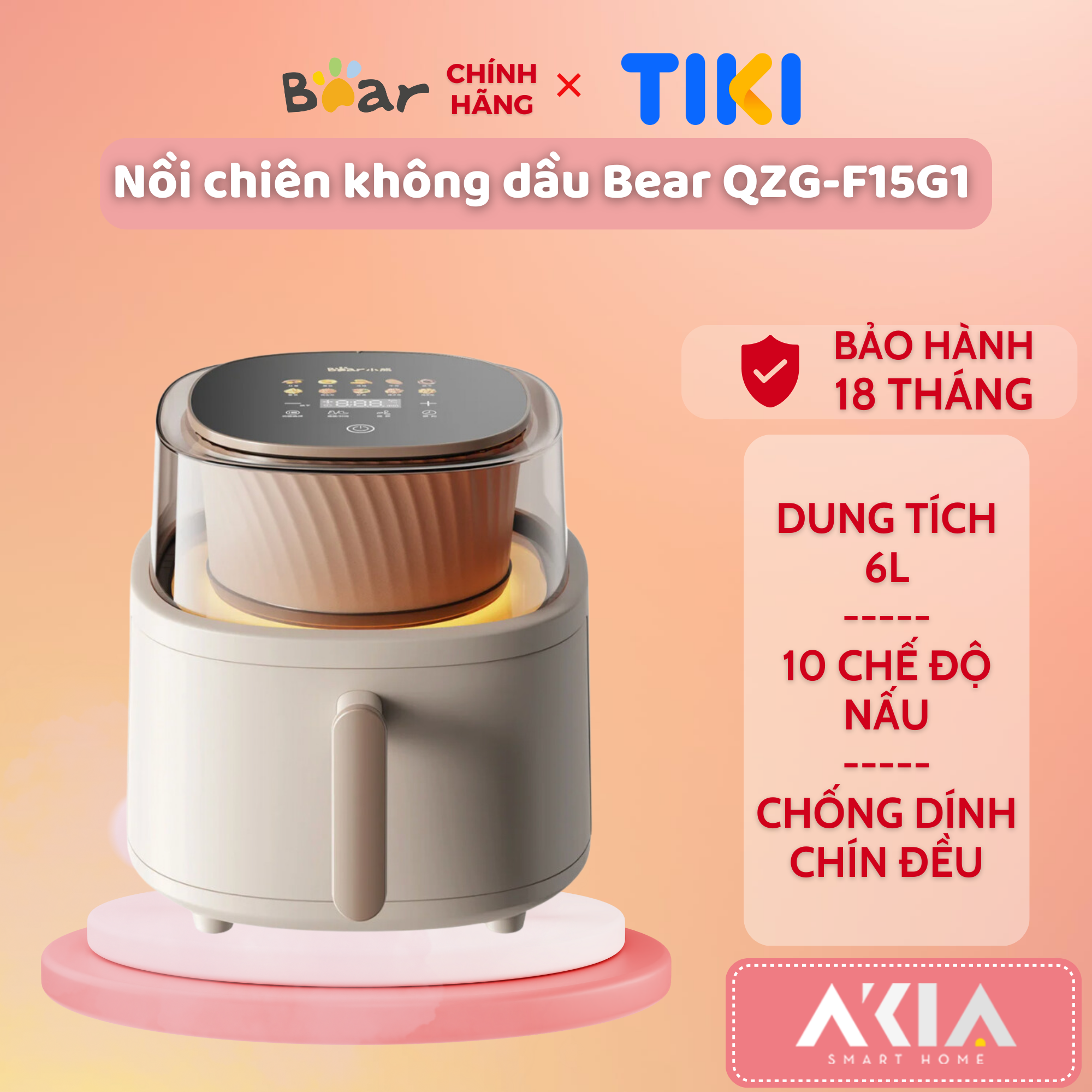 Nồi chiên không dầu Bear QZG-F15G1 - Dung tích 6L, 10 chế độ nấu, Chống dính, Chín đều - Hàng chính hãng, Bản Quốc tế