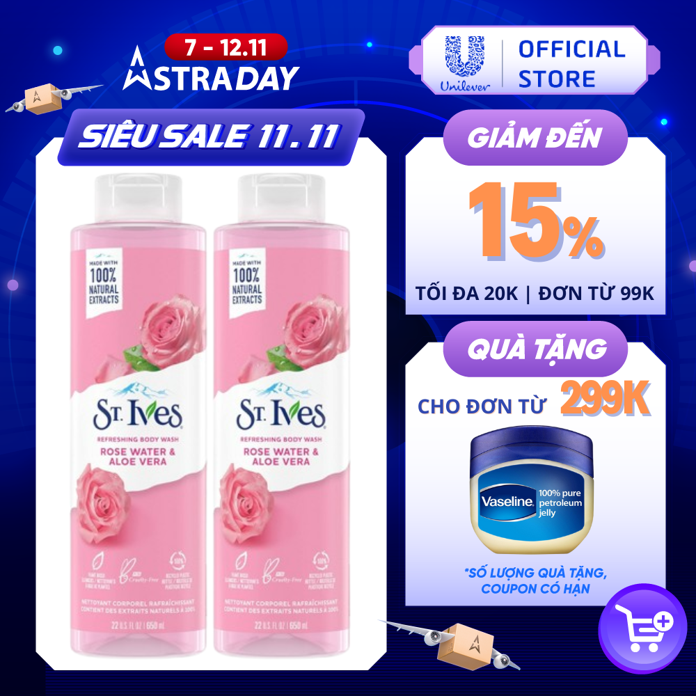 Combo 2 chai Sữa tắm dưỡng da St.Ives Hoa Hồng và Lô Hội 650ml