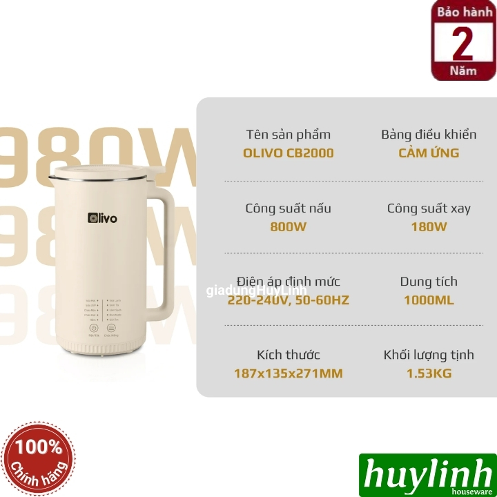 Máy xay nấu sữa hạt mini Olivo CB2000 - Dung tích 1000ml - 10 Chức năng - Hàng chính hãng