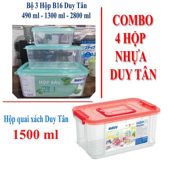 Bộ 3 hộp bầu Duy Tân490ml - 1300ml - 2800ml và Hộp 1,5 Lít quai xách Duy Tân (1500 ml) đựng thực phẩm an