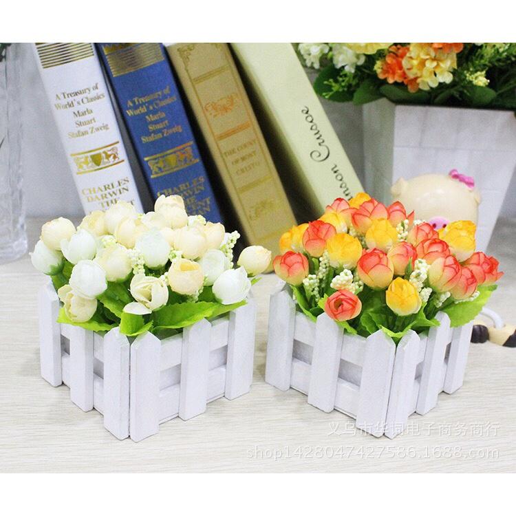 Hoa lụa, giỏ hoa hàng rào gỗ 10cm cắm sẵn nhiều mẫu để bàn trang trí phòng khách, kệ tủ tươi sáng Flowermini