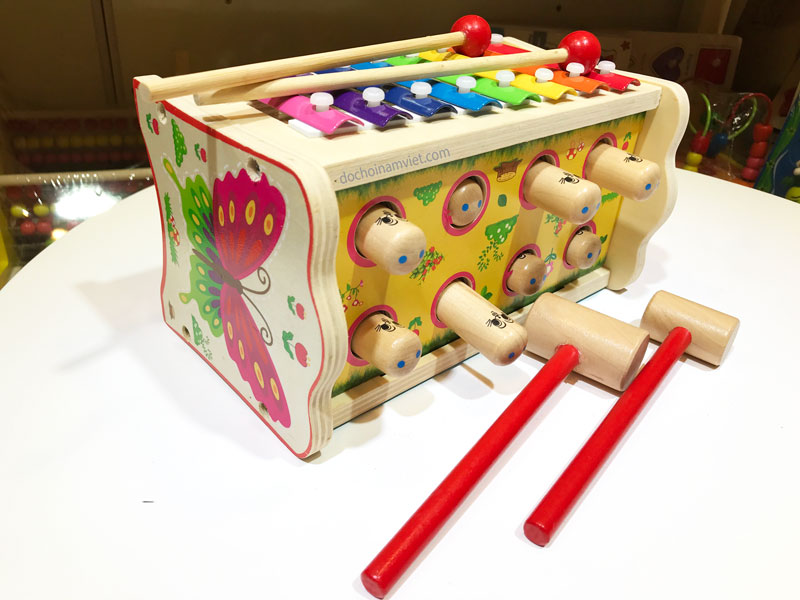 Trò chơi búa đập thỏ đa năng kết hợp đàn âm thanh hình con bướm bằng gỗ