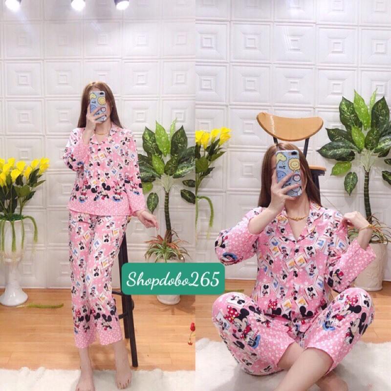 Đồ bộ nữ mặc nhà, bộ pijama dài tay vải lụa viền chân thời trang.