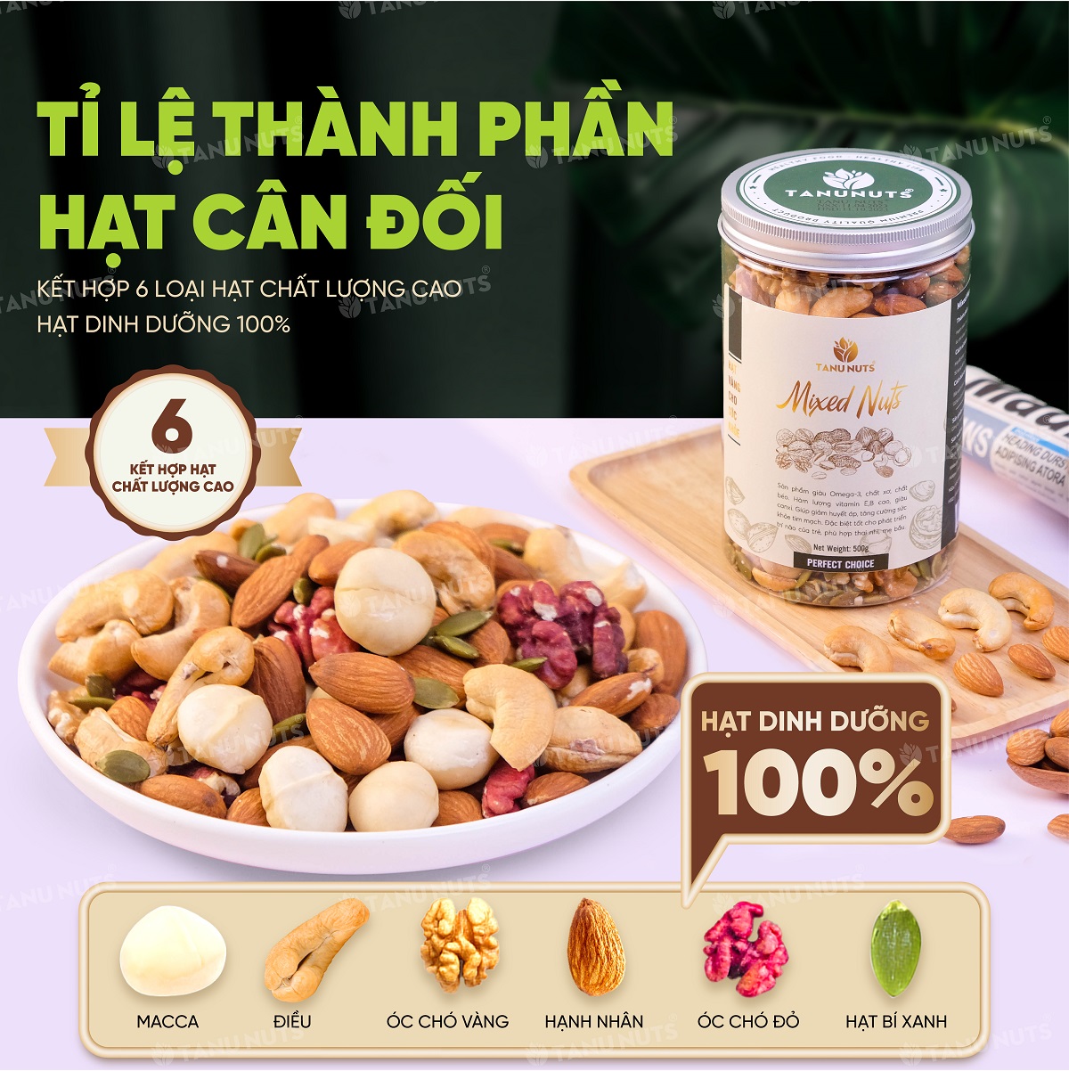 Hạt dinh dưỡng mix 6 loại TANU NUTS, hạt ngũ cốc bà bầu granola ăn kiêng giảm cân 350gr/500gr