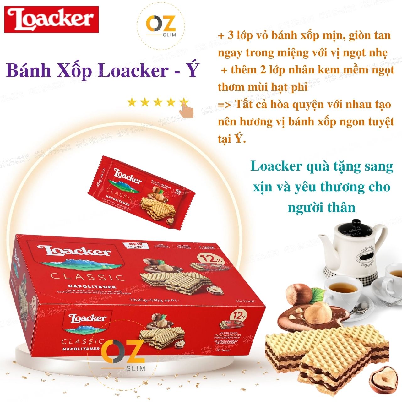 Bánh xốp Loacker nhập khẩu Ý vị bánh xốp mịn, giòn tan, thơm và cung cấp nguồn năng lượng cho cơ thể - Nhiều vị, nhiều size - OZ Slim Store